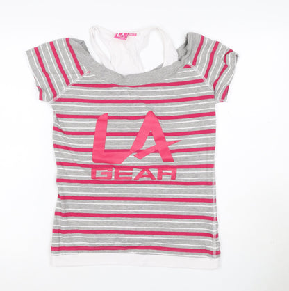LA Gear Women’s Grey Pink Striped Layered V-Neck T-Shirt UK 12