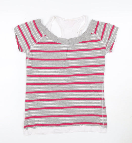 LA Gear Women’s Grey Pink Striped Layered V-Neck T-Shirt UK 12