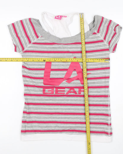 LA Gear Women’s Grey Pink Striped Layered V-Neck T-Shirt UK 12