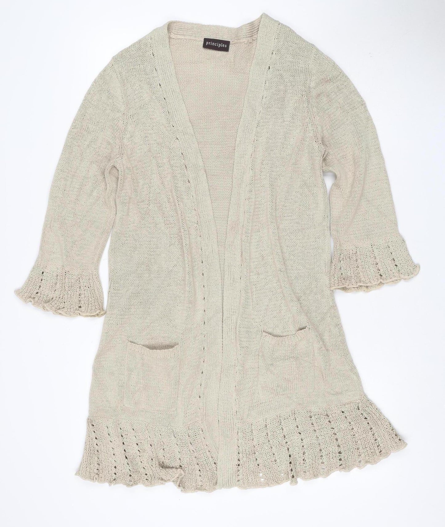 Principles Women Beige UK 16 Open Knit Waterfall Cardigan Bell Sleeve