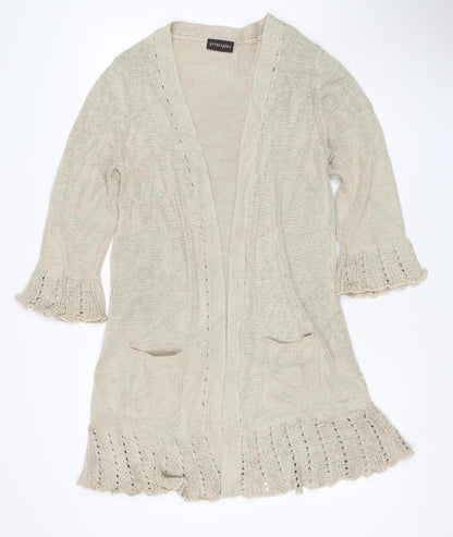 Principles Women Beige UK 16 Open Knit Waterfall Cardigan Bell Sleeve