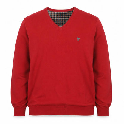 John Partridge Men’s Red Cotton V-Neck Logo Knit Jumper Size L