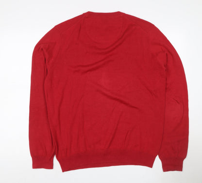 John Partridge Men’s Red Cotton V-Neck Logo Knit Jumper Size L