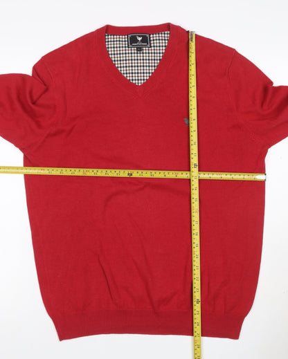 John Partridge Men’s Red Cotton V-Neck Logo Knit Jumper Size L