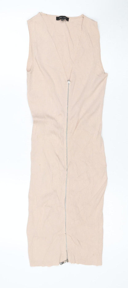New Look Women Beige Size 10 Long Ribbed Knit Bodycon Zip Dress