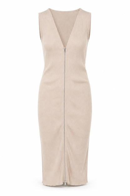 New Look Women Beige Size 10 Long Ribbed Knit Bodycon Zip Dress