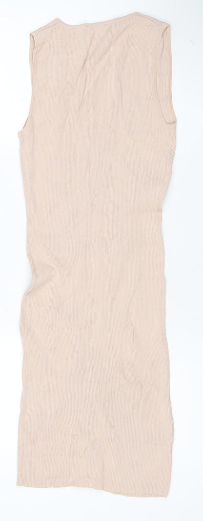New Look Women Beige Size 10 Long Ribbed Knit Bodycon Zip Dress