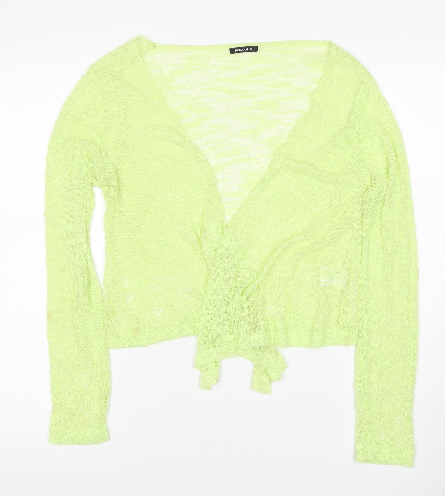 Roman Women Green Size 12 Sheer Lace Knit Wrap Tie Blouse Long Sleeve