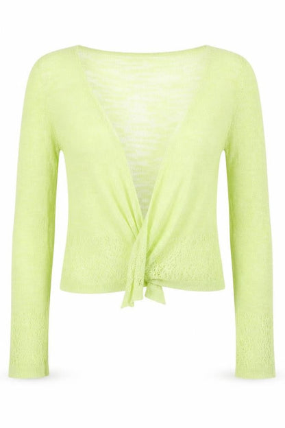 Front view of Roman Women Green, size 12, Sheer Lace Knit Wrap Tie Blouse Long Sleeve