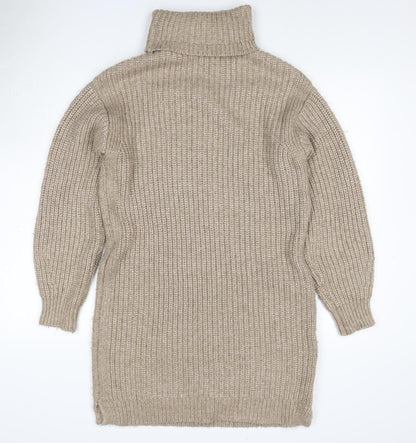M&S Women Beige M Knit Roll Neck Long Sleeve Jumper Dress