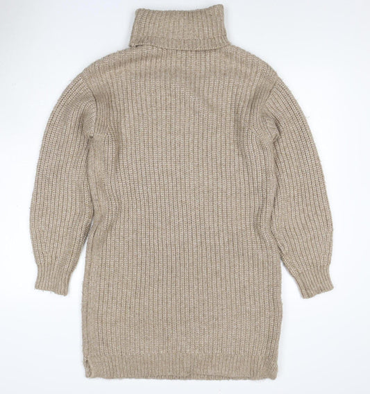 M&S Women Beige M Knit Roll Neck Long Sleeve Jumper Dress