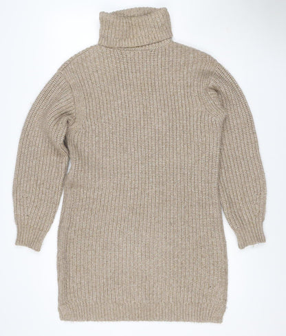 M&S Women Beige M Knit Roll Neck Long Sleeve Jumper Dress