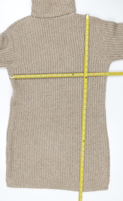 M&S Women Beige M Knit Roll Neck Long Sleeve Jumper Dress