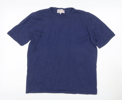 Country Collection Women Blue M Cotton Puff Sleeve Scallop Trim T-Shirt