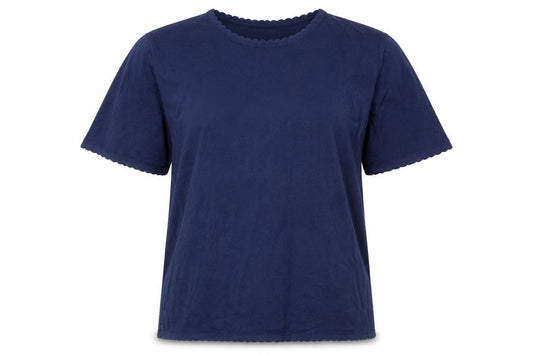Country Collection Women Blue M Cotton Puff Sleeve Scallop Trim T-Shirt