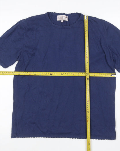 Country Collection Women Blue M Cotton Puff Sleeve Scallop Trim T-Shirt