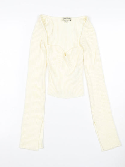 Urban Outfitters Women Ivory S Petite Ribbed V-Neck Slim Jumper