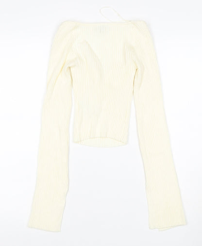 Urban Outfitters Women Ivory S Petite Ribbed V-Neck Slim Jumper