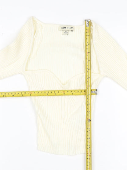 Urban Outfitters Women Ivory S Petite Ribbed V-Neck Slim Jumper