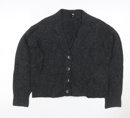 UNIQLO Women Grey Wool Blend V-Neck Button Cardigan Size S