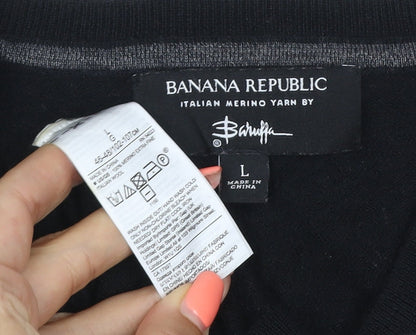 Banana Republic Women Black Merino Wool V-Neck Pullover Jumper UK 14