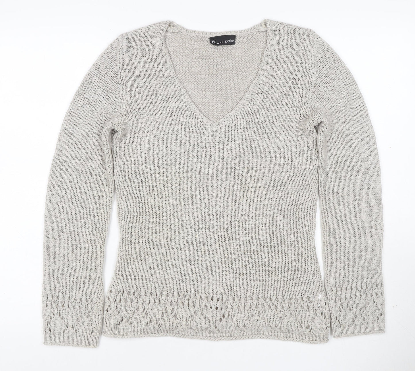 Bhs Petite Women’s Grey UK 12 V-Neck Open Knit Pullover Jumper
