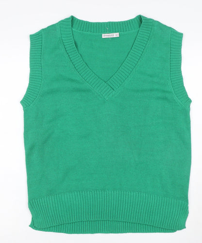 Stradivarius Women Green M V-Neck Sleeveless Knit Jumper Vest