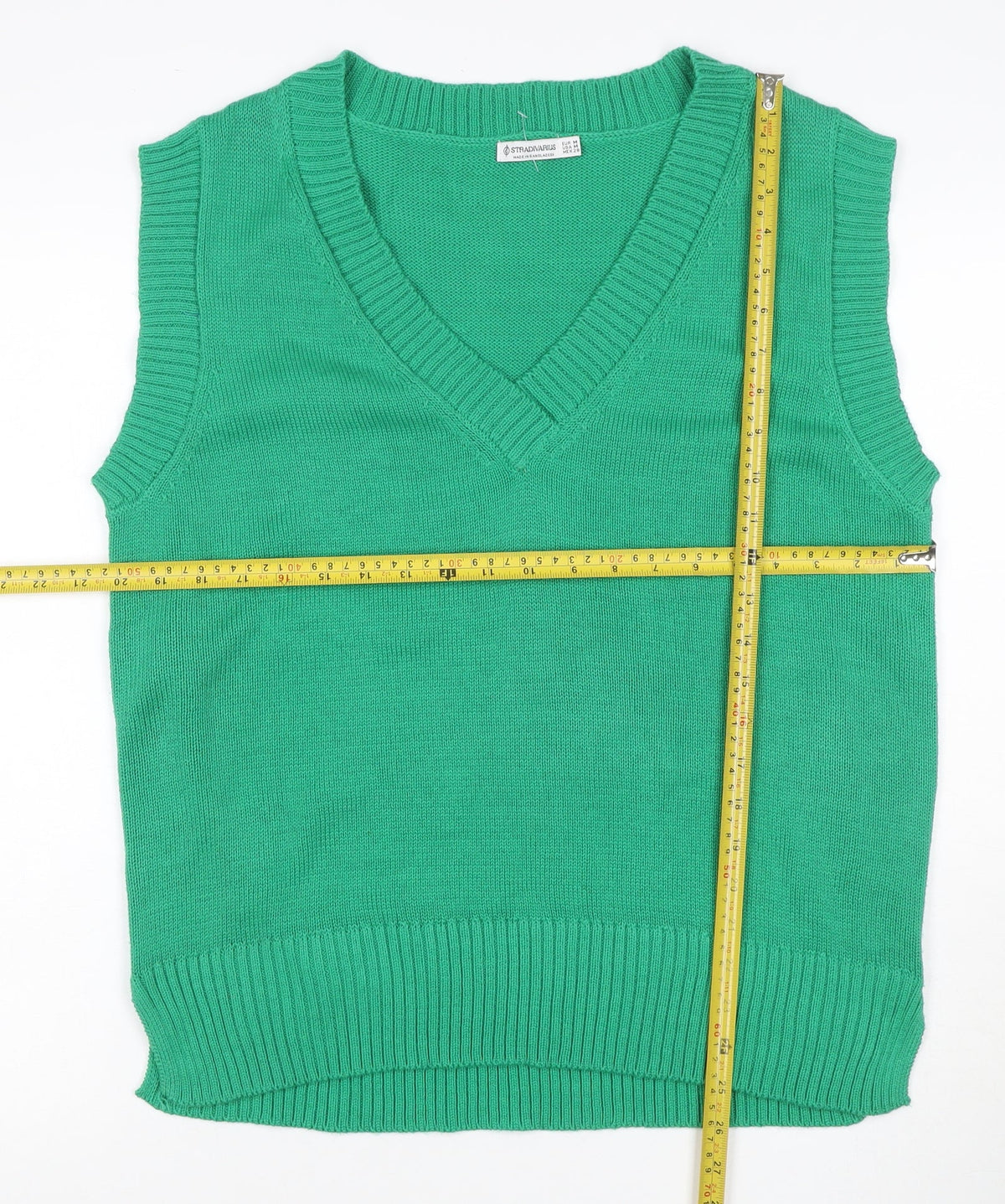 Stradivarius Women Green M V-Neck Sleeveless Knit Jumper Vest