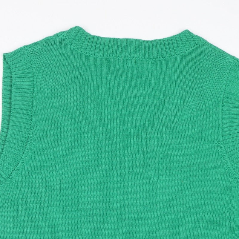 Stradivarius Women Green M V-Neck Sleeveless Knit Jumper Vest