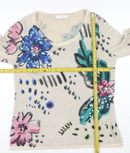 Nice Connection Women Beige UK 10 Floral Sequin Cashmere Wool Jumper