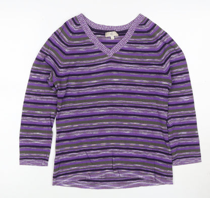 CC Women's Purple Striped V-Neck Rib Knit Pullover Jumper M