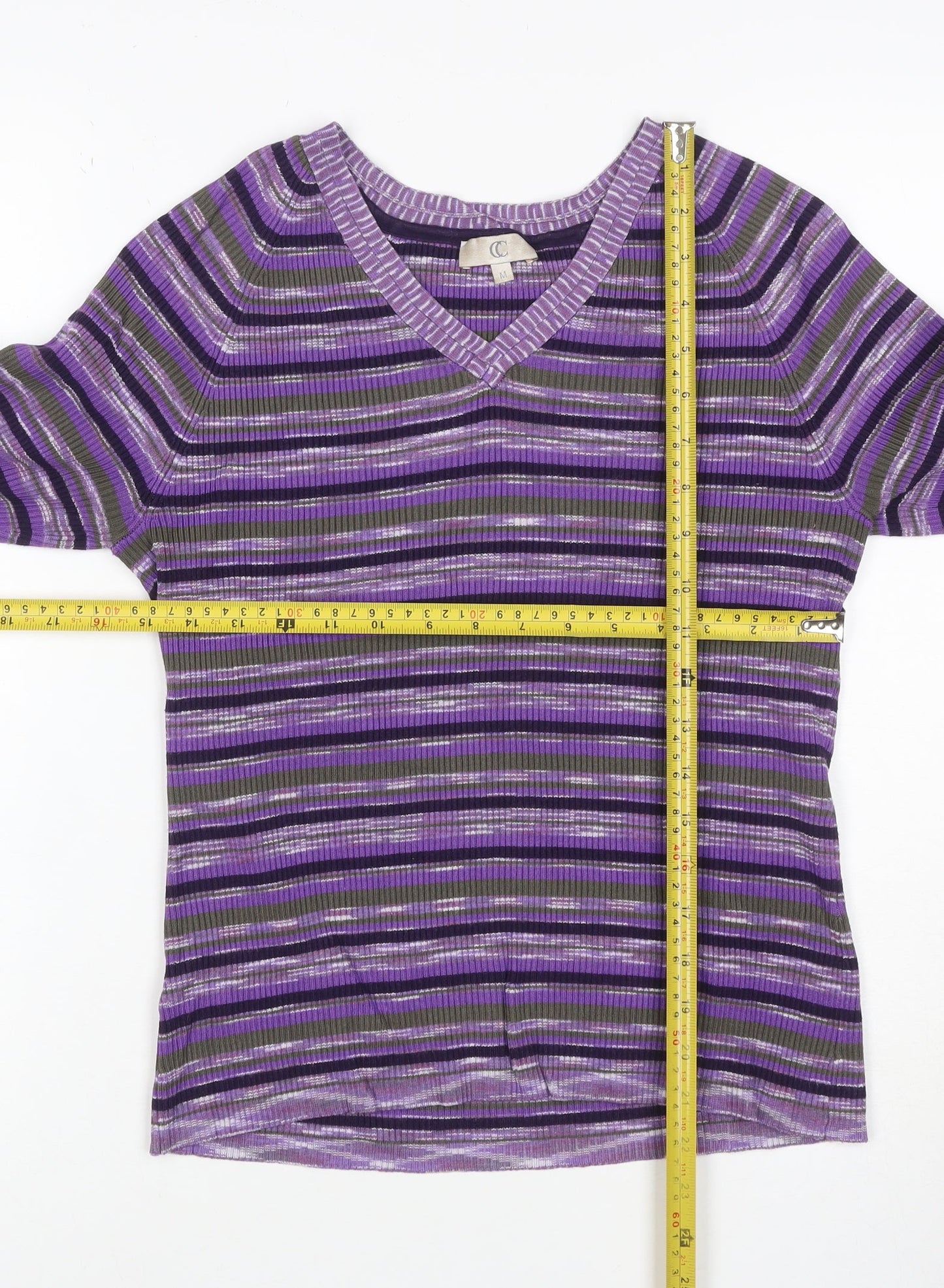 CC Women's Purple Striped V-Neck Rib Knit Pullover Jumper M