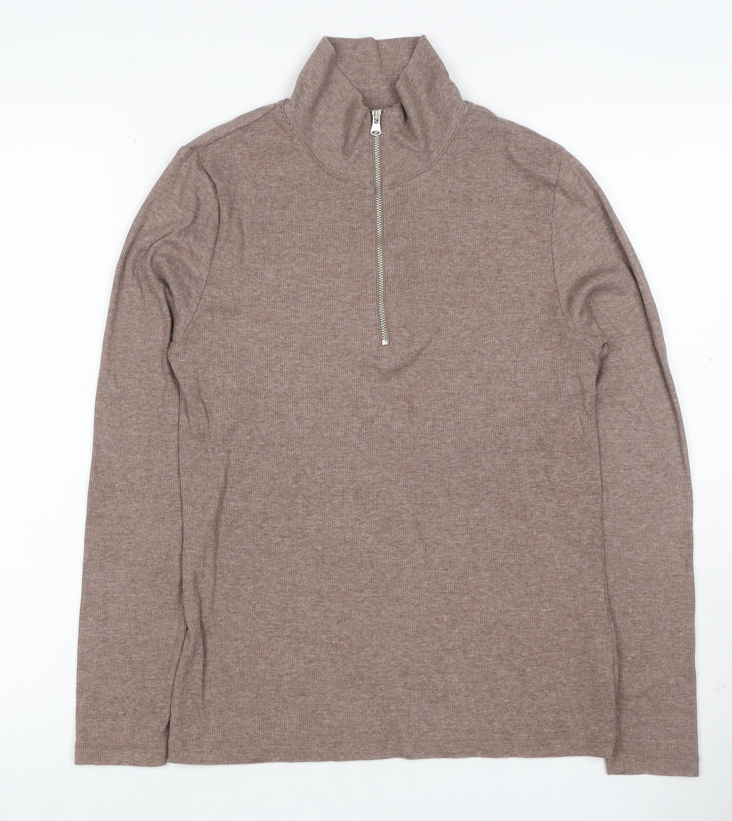 M&S Women Brown UK 8 Ribbed Half Zip High Neck Long Sleeve Top