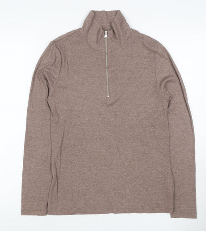 M&S Women Brown UK 8 Ribbed Half Zip High Neck Long Sleeve Top
