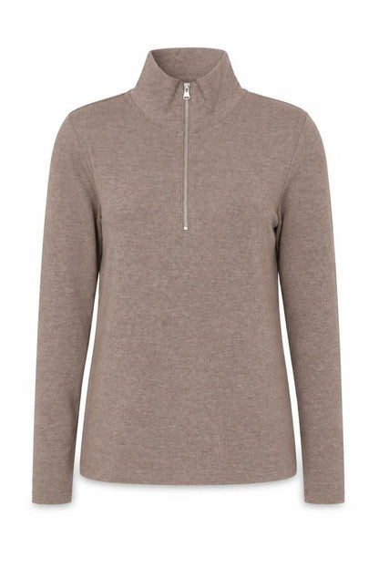 Marks & Spencer Women Brown UK 8 Ribbed Half Zip High Neck Long Sleeve Top