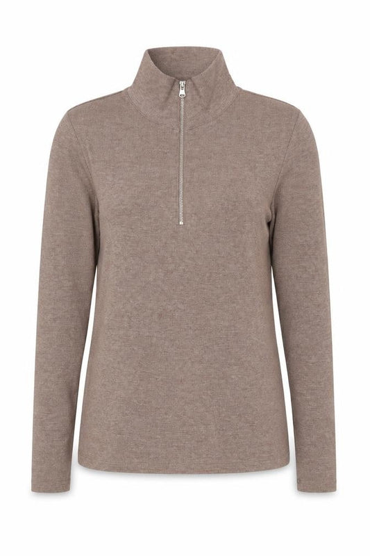 Marks & Spencer Women Brown UK 8 Ribbed Half Zip High Neck Long Sleeve Top