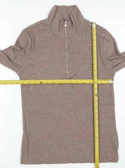 M&S Women Brown UK 8 Ribbed Half Zip High Neck Long Sleeve Top