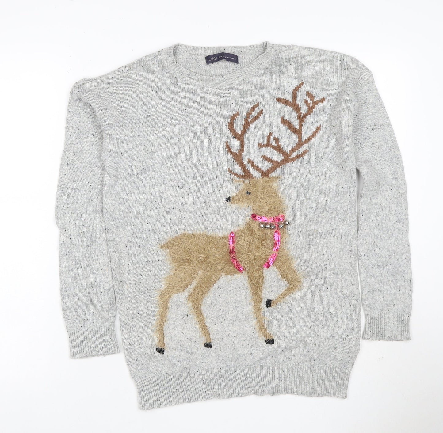 Marks and Spencer Women Grey UK 8 Reindeer Christmas Sequin Jumper
