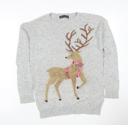 Marks and Spencer Women Grey UK 8 Reindeer Christmas Sequin Jumper