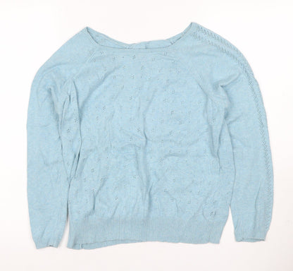 Marks & Spencer Women Blue UK 14 Cotton Pointelle Crew Neck Pullover Jumper