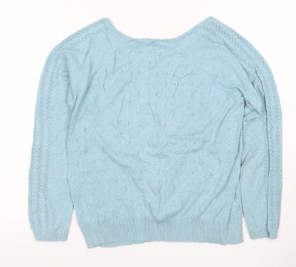 Marks & Spencer Women Blue UK 14 Cotton Pointelle Crew Neck Pullover Jumper