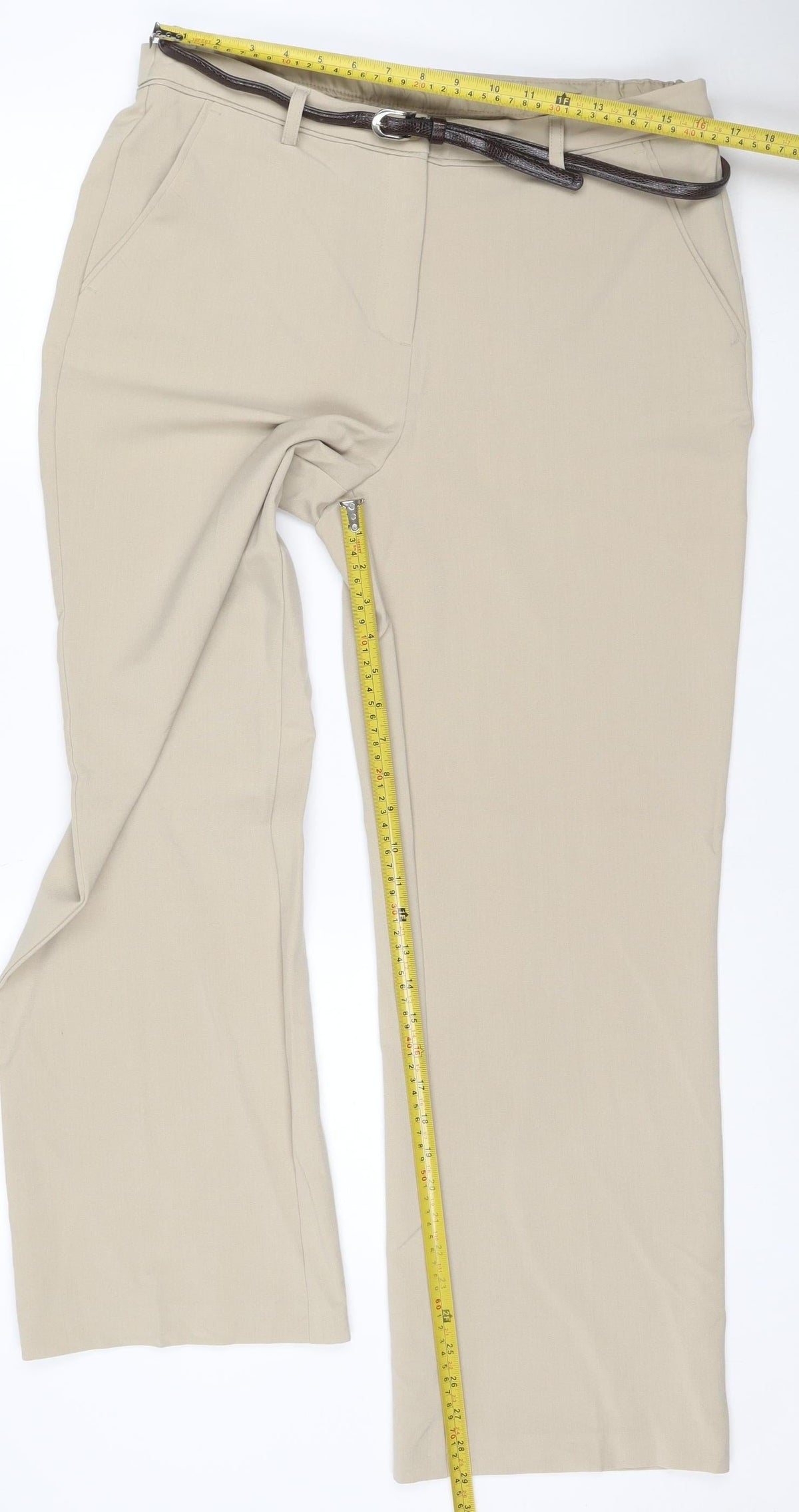 Close-up detail of Maine New England Women Beige UK 14R Tailored Straight Trousers Belt