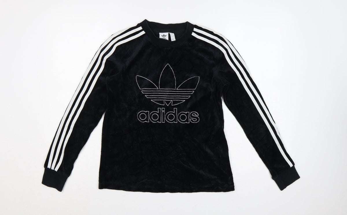 Additional front view of Adidas Women Black UK 8 Velour Trefoil Logo 3 Stripe Pullover Sweatshirt