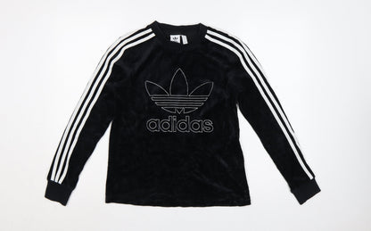 Additional front view of Adidas Women Black UK 8 Velour Trefoil Logo 3 Stripe Pullover Sweatshirt