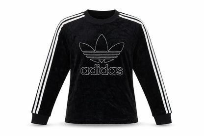 Front view of Adidas Women Black UK 8 Velour Trefoil Logo 3 Stripe Pullover Sweatshirt