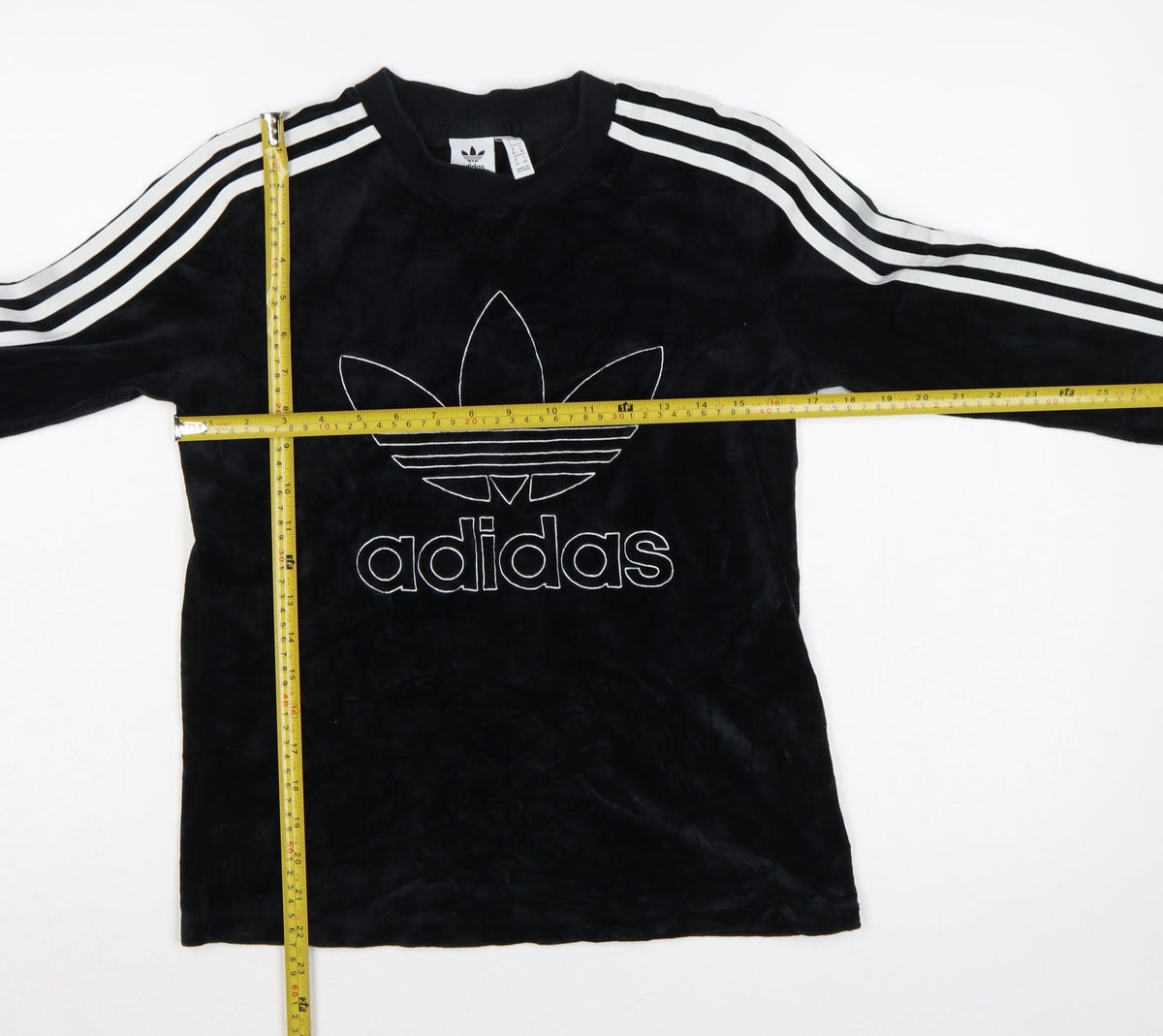 Back view of Adidas Women Black UK 8 Velour Trefoil Logo 3 Stripe Pullover Sweatshirt