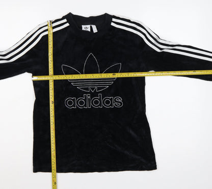 Back view of Adidas Women Black UK 8 Velour Trefoil Logo 3 Stripe Pullover Sweatshirt