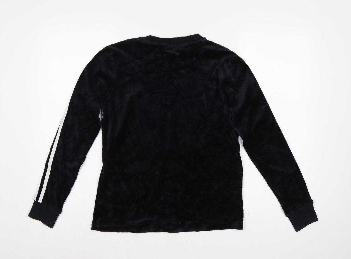 Close-up detail of Adidas Women Black UK 8 Velour Trefoil Logo 3 Stripe Pullover Sweatshirt