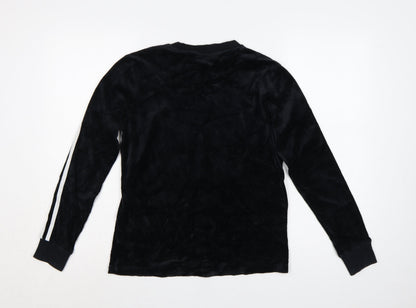 Close-up detail of Adidas Women Black UK 8 Velour Trefoil Logo 3 Stripe Pullover Sweatshirt