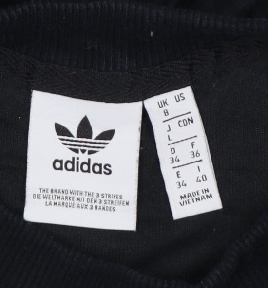 Brand and care label for Adidas Women Black UK 8 Velour Trefoil Logo 3 Stripe Pullover Sweatshirt